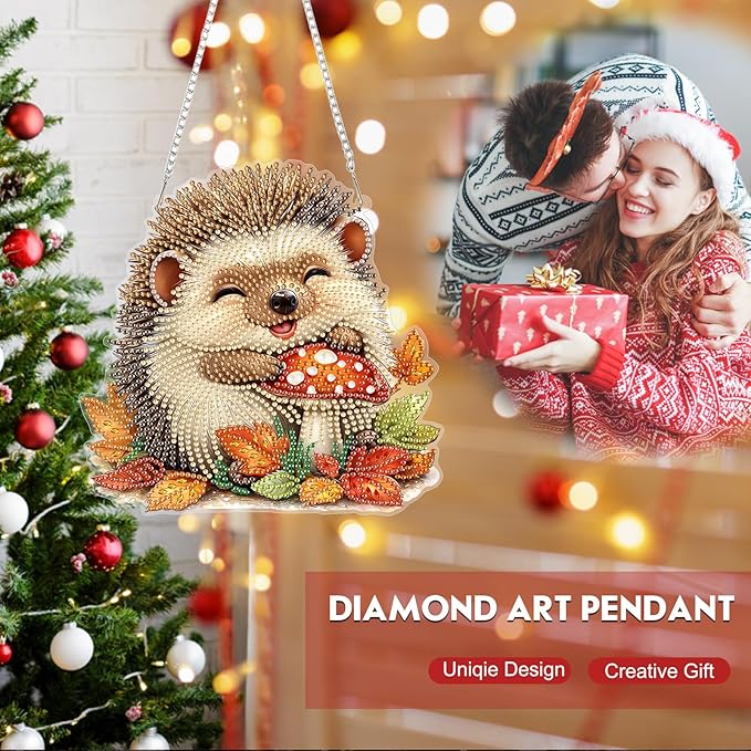 Hanging Diamond Art Kit for Adult, Autumn Hedgehog, 5D Special Shaped Rhinestone Diamond Painting Ornament, Cute Hedgehog, DIY Acrylic Diamond Art Painting Window Pendants Home Garden Wall Decor