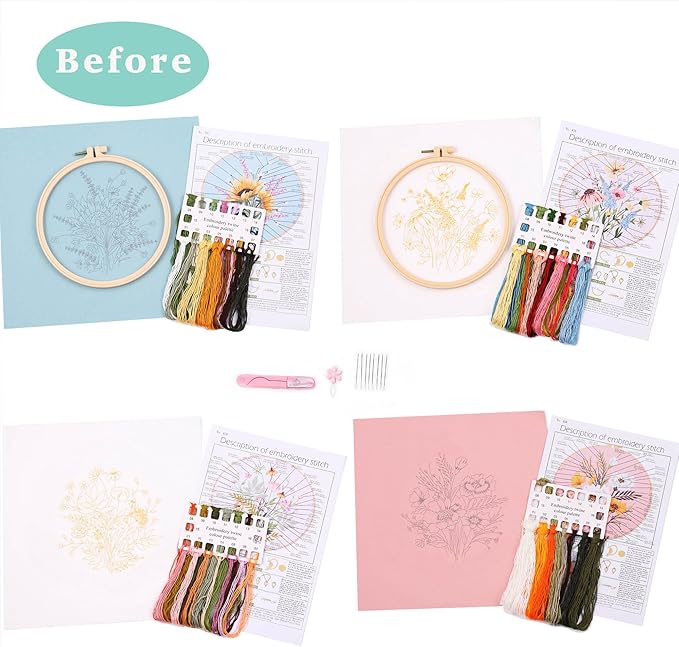 4pcs embroidery kits for beginners, including printed embroidery cloth with flower patterns, 2 plastic embroidery rings, 1 pair of scissors, colored threads, needles and an embroidery instructions