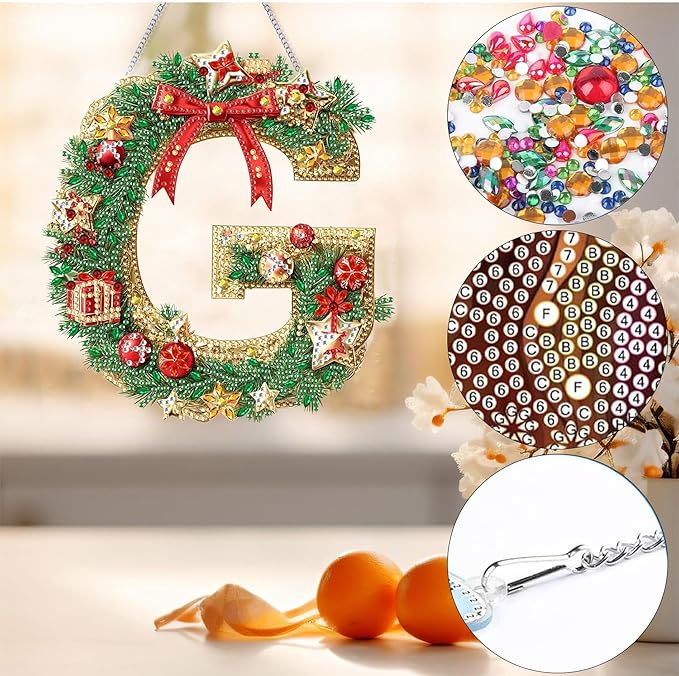 Bimkole Christmas Diamond Art Hanging Kit for Adult, DIY 5D Diamond Art Letters Window Pendant, Acrylic Crystal Art Hanging Ornament Home Wall Garden Front Door Sign Outdoor Decor 7.8x7.8 Inch