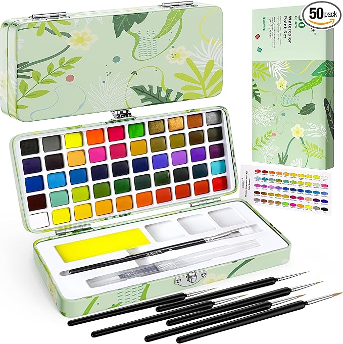 Caliart Watercolor Paint Set, 50 Colors Portable Water Color Palette Kit with Detail Paint Brush, Art Supplies Gifts for Adult Professional Artist Painting Coloring, Easter Basket Essentials Stuffers