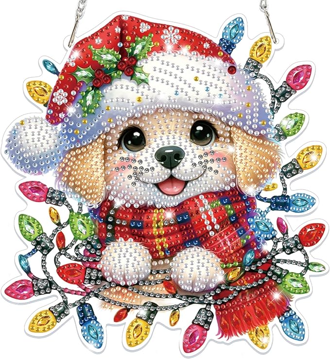 Bowetile Christmas Diamond Art Hanging Kits for Adults, Dog Diamond Art Suncatchers, 5D Special Shape Diamond Painting Pendant Window Ornament Christmas Gifts for Home Door Wall Decor
