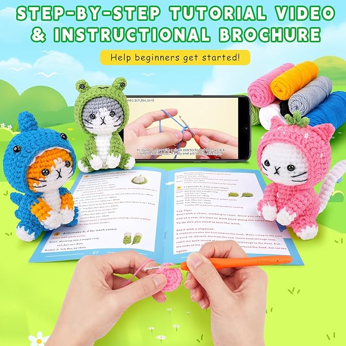 Crochet Kit for Beginners - 3 PCS Crochet Kits with Step-by-Step Video Tutorials, Beginner Crochet Kit for Adults, Crochet Animal Kit for Starters, Cat Dressed as Shark Frog Strawberry