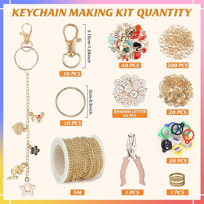 Starry 329 Pcs Lip Gloss Keychain Making Kit 16.4 ft Gold Chains 86 Charms with Rubber Lipgloss Ring Keychain Clips for DIY Crafts Women