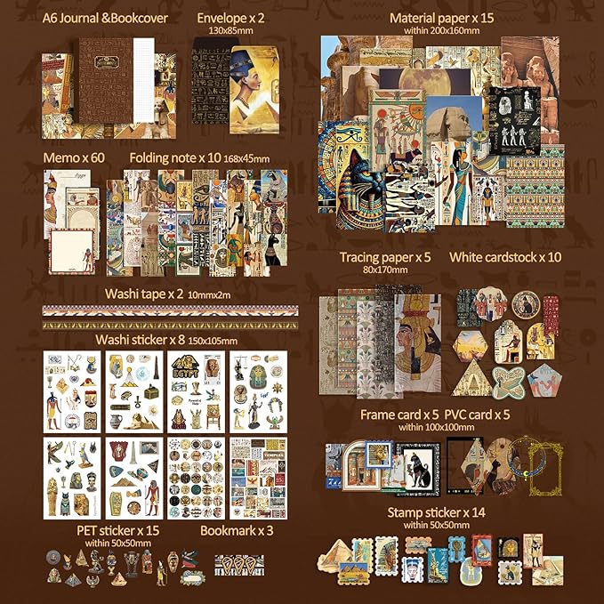 Scrapbooking Supplies Kit, Egyptian Vintage Aesthetic Scrapbook Kit for Bullet Junk Journal, Ancient Egypt DIY Journaling Supplies with Hieroglyph, Pharaoh, Pyramid, Unique Gift for Teens & Women