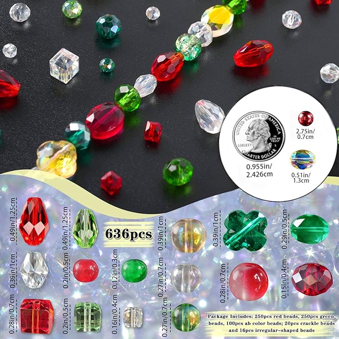 christmas glass beads for jewelry making, 636pcs red green ab color craft crystal beads with loose beads sparkly beads hole drilled for diy christmas bracelets necklace wristband earring craft