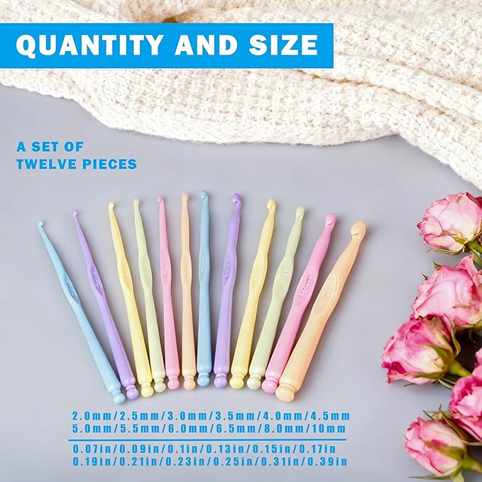 12 PCS Crochet Hooks Set, 2.0-10mm Ergonomic Knitting Needles, DIY Yarn Weaving Tools for Beginners & Experts, Crafting Socks Scarves Hats Blankets
