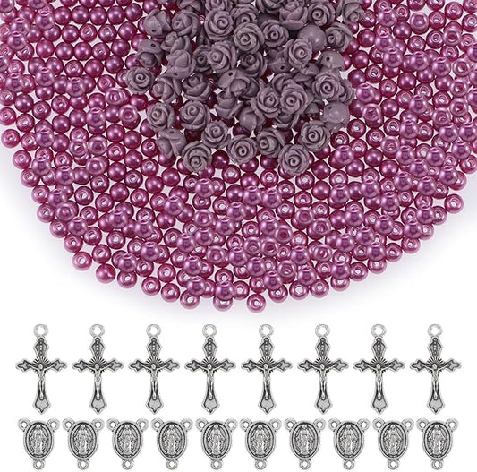 610Pcs Rosary Jewelry Making Kit, Rosary Pearl Beads Carved Rose Beads Rosary Cross Centerpiece Crucifix Medal, Rosary Prayer Making Supplies First Communion Necklace Bracelet Jewelry Making (Purple)