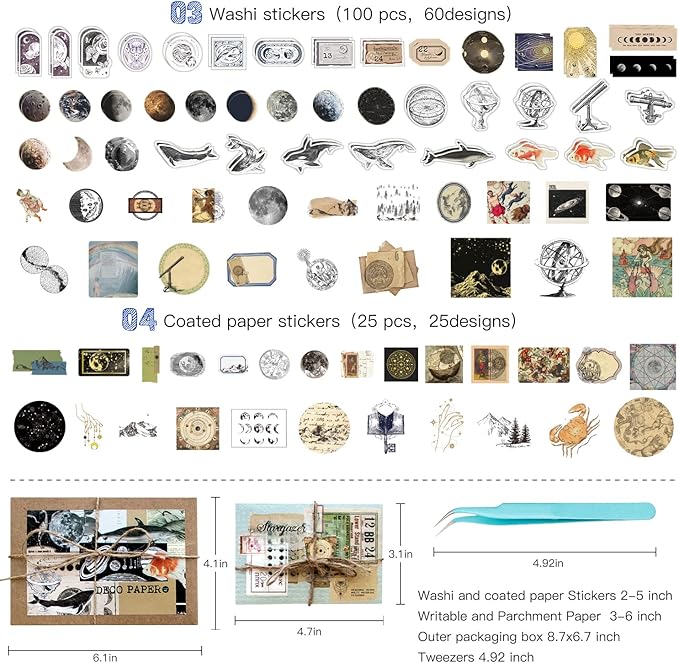 Aromoty 260 Pieces Vintage Art Scrapbooking Supplies Stickers,Aesthetic Washi Stickers Paper Kit Stationary Junk Bullet Journals,Daily Planner,DIY Craft Tweezers Cottagecore Decor