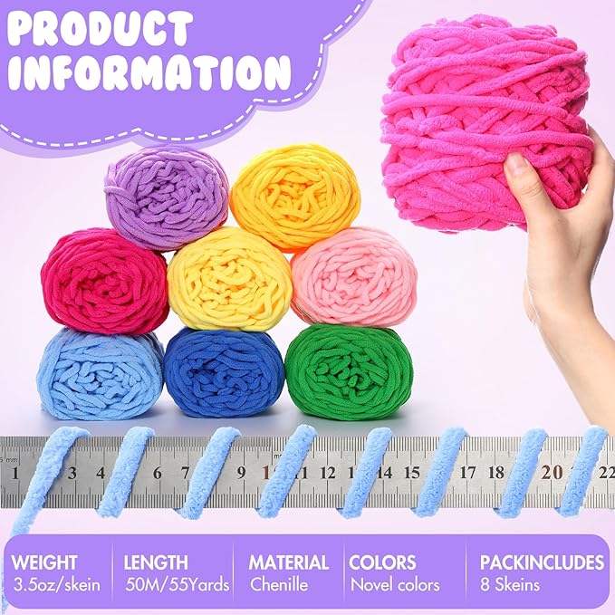 Buryeah 8 Pack Chunky Chenille Yarn for Crocheting Soft Thick Fluffy Yarn for Hand Knitting Bulky Velvet Blanket Plush for Weaving DIY Crafts Each 3.5 oz 55 Yards (Novel Colors)