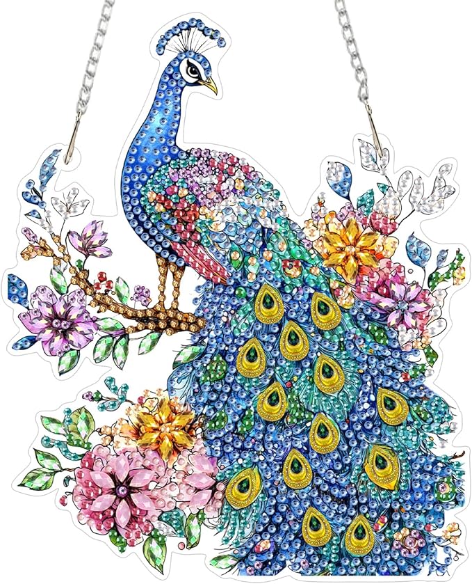 KEYIFA Diamond Painting Kit, DIY Peacock Diamond Art Hanging for Adults Beginner, Gem Arts Pendant Special Shaped Rhinestone Window Ornaments Wall Door Garden Decoration Gift, Double Sided