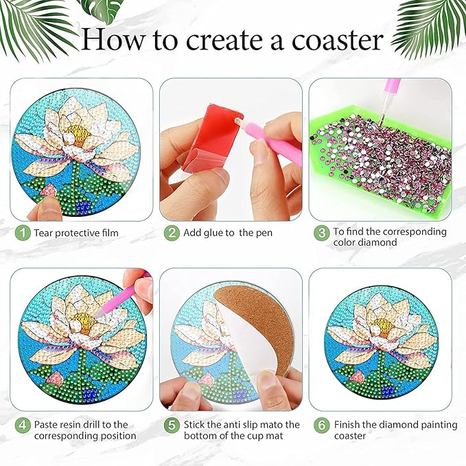 EWJRNSF 8 PCS Small Diamond Art Coasters Kits, Diamond Painting Coasters, Fall Diamond Art Kits for Adults Beginners, Arts and Crafts Item Sets with Holder for Drinks Flower Style