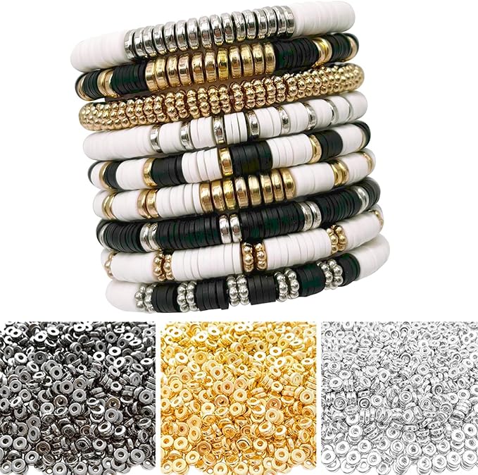 6mm Flat Round Spacer Beads, Clay Beads for Bracelets Making Kit, Heishi Polymer Flat Disc Spacer Beads for Jewelry Making, Clay Beads for Jewelry Making Gold Beads Silver (1600pcs(400Heart))