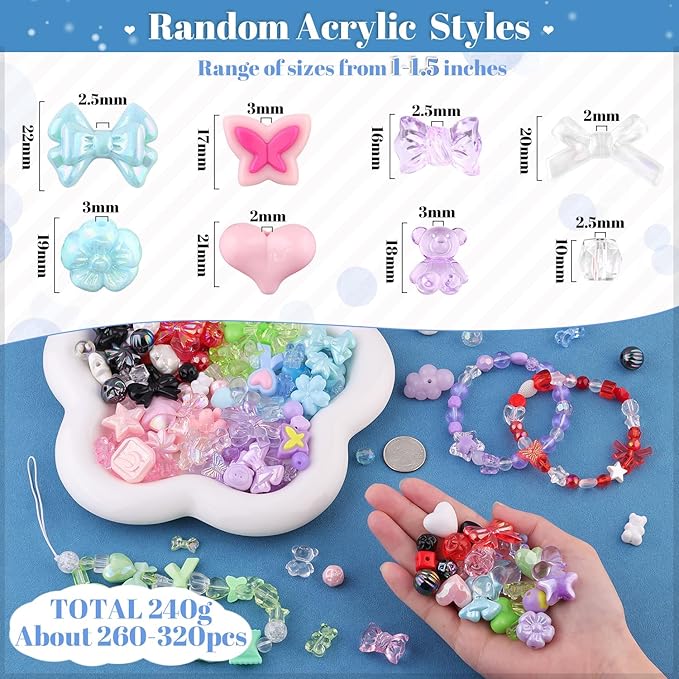 400-450pcs tinkrstuff assorted acrylic beads 6 mixed colors cute beads for bracelet making, bow aesthetic gummybear flower butterfly kawaii charms for jewelry making diy necklace keychain phone charm