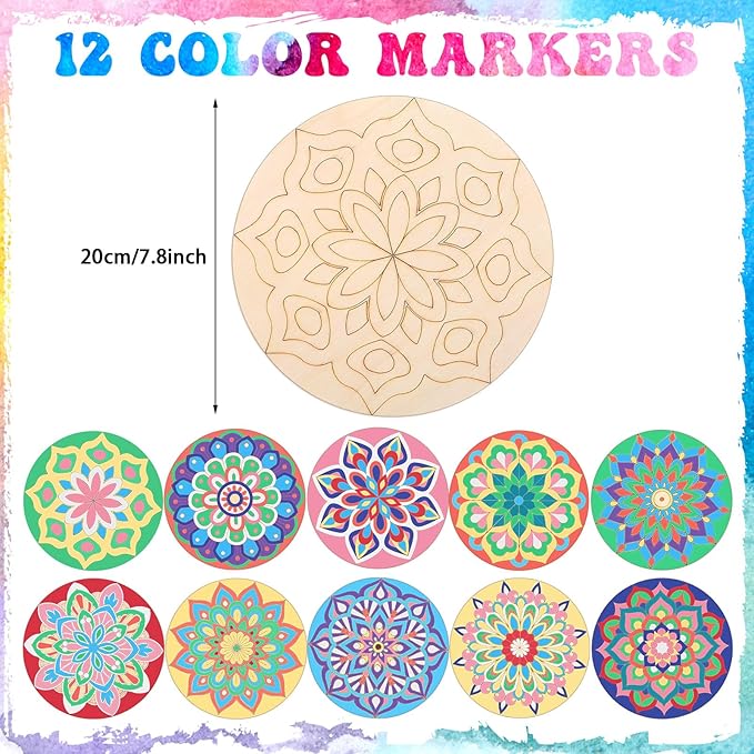 22 Pcs Wooden Mandala Painting Set 10 Mandala Unfinished Wood Cutouts with 12 Markers for Crafts Diwali Craft Wood Slices for Adults Painting DIY Tags Wedding Home Decors(Stylish Style)