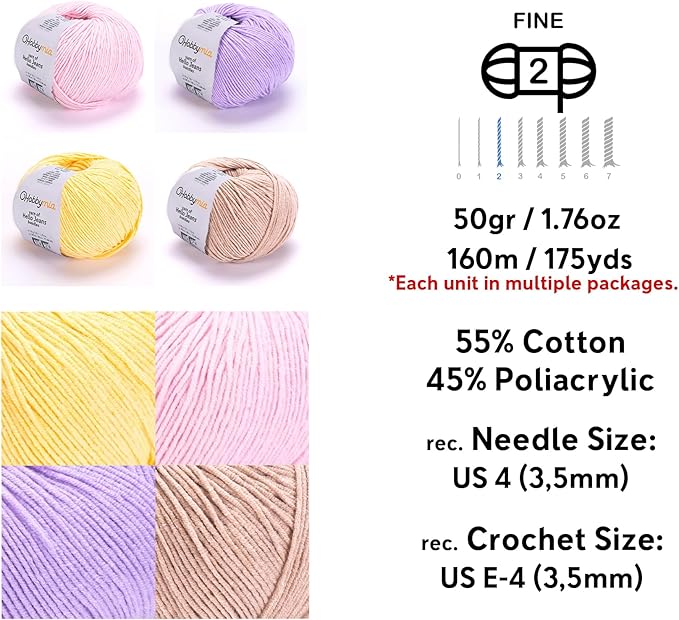 Cotton Yarn Kit - 4 Multicolor Balls Soft Sport Weight Yarn for Crochet & Amigurumi - 50g / 175yds Each & 10 Stitch Markers (H12 - Pastel-4)