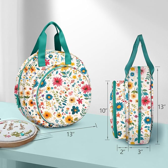 FINPAC Embroidery Project Bag, Embroidery Supplies Storage Carrying Tote Case with Multiple Pockets for Floss, Hoops, Thread, Stitch Tools Kit [Bag Only], Apricot Bloom