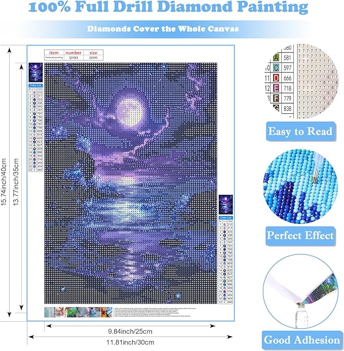 Purple Moon in Beach Diamond Art Kits for Adults, Landscape Beach Diamond Painting for Beginners, Diamond Dot, 5D Dimond Art Paintings Kit, Gem Painting Kit, Crystal Home Wall Decor Gifts (12x16inch)