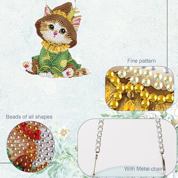 TDFERAN Diamond Painting Pendant Cat DIY Diamant Art Ornament Kits Window Pendant Diamond Painting Hanging Diamant Painting Suncatcher Art Wind Chimes Hanging for Wall Home Decor
