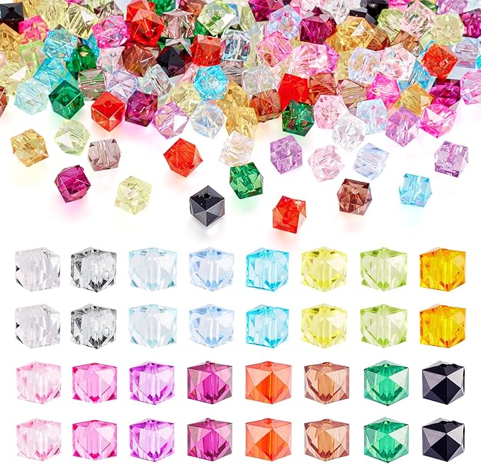 FASHEWELRY 160Pcs Clear Acrylic Cube Beads 10mm Square Crystal Beads Transparent Faceted Kandi Bead Colorful Cube Spacer Bead for Bracelets Necklace Earring DIY Jewelry Making