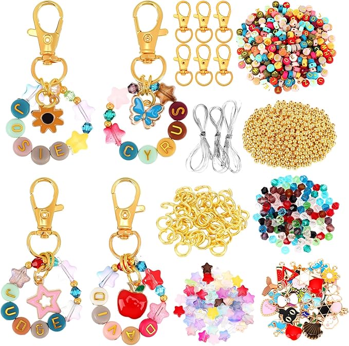 Solsew 1048 Pcs Beaded Keychain Making Kit DIY Key Chain Making Bag Charm Beads Craft Adjustable Letters Beads Strings Alphabet Key Ring Women Gift for Jewelry Backpack Accessories