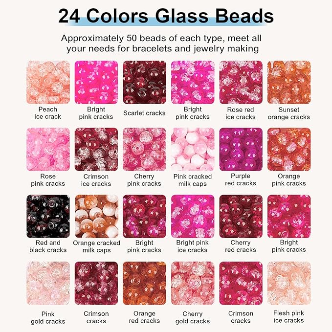 XSEINO About 1200pcs 6mm Crack Glass Beads Bracelet Making Kit,24 Assorted Colors Crack Blush Pink Series Crystal Glass Bead for Bracelet Jewelry Making,DIY Crafts,Friendship Bracelets