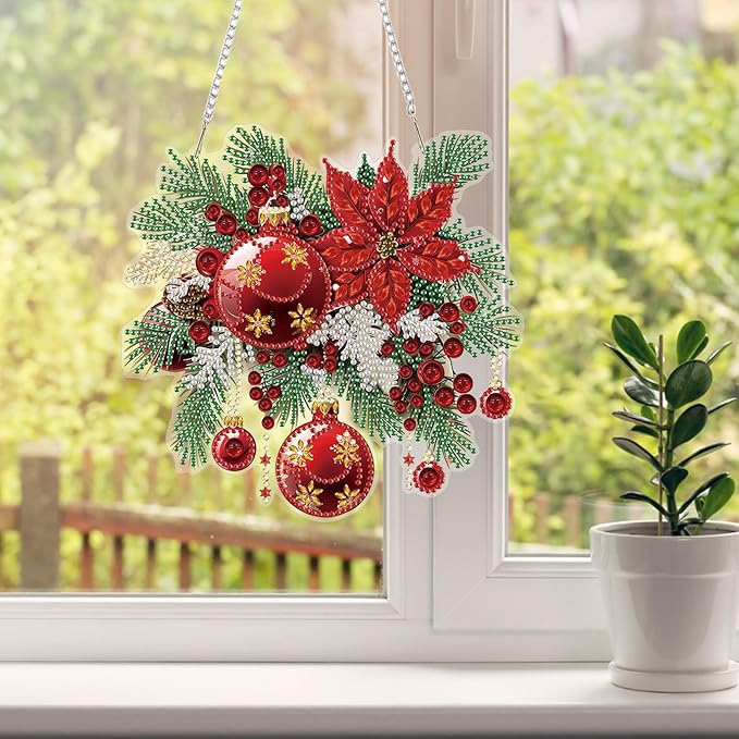 HEIBAGO Christmas Ball Diamond Art Hanging Kits for Adults Kids, 5D Special Shaped Crystal Diamond Painting Kit, DIY Pattern Window Pendant Gem Art Kit for Home Wall Decor 8.3 x 8.3 Inch