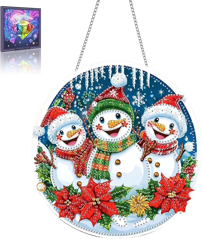 Wergund 5D DIY Christmas Diamond Art Hanging Kits, Hanging Diamond Art Snowman, Acrylic Special Shaped Rhinestone, Window Hanging Pendants for Home Wall Garden Front Door Outdoor Decor Gift(Christmas)