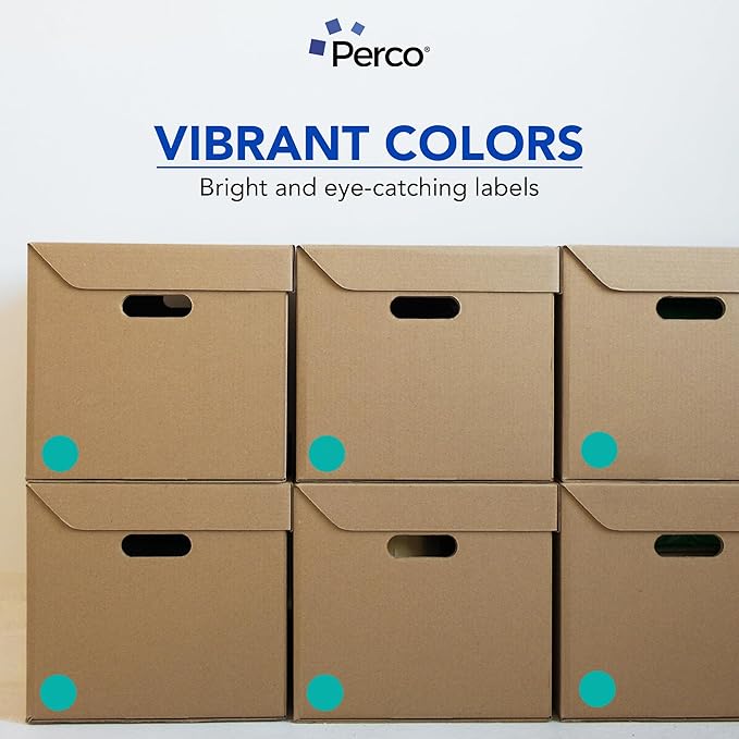 perco teal 2-inch perforated circle dot sticker labels — 250 round stickers per roll — with permanent adhesive for organizing, color coding, bin labeling, packaging alerts — made in usa