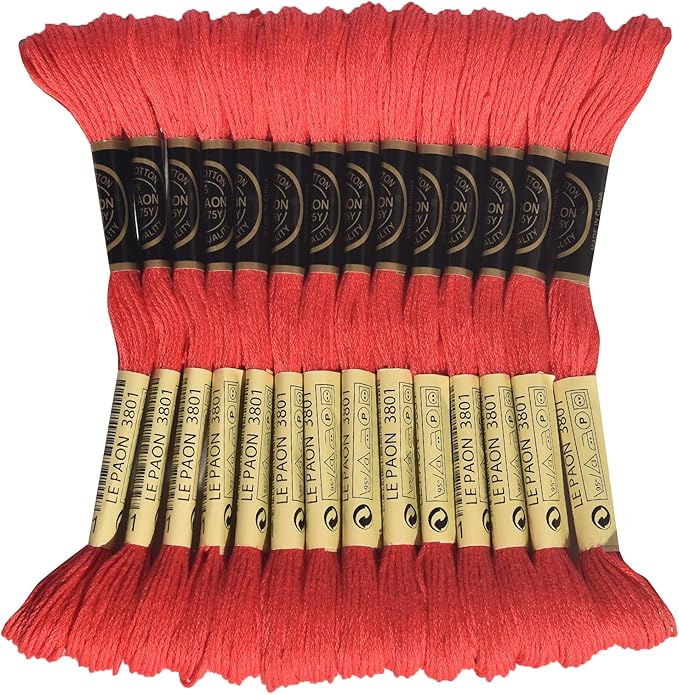LE PAON Embroidery Floss, 14-Pack Six Strands 100% Long Staple Cotton Embroidery Thread, 8.7-Yard，Color Number：3801, Light Christmas Red