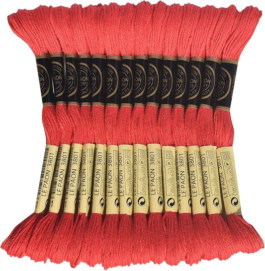 LE PAON Embroidery Floss, 14-Pack Six Strands 100% Long Staple Cotton Embroidery Thread, 8.7-Yard，Color Number：3801, Light Christmas Red