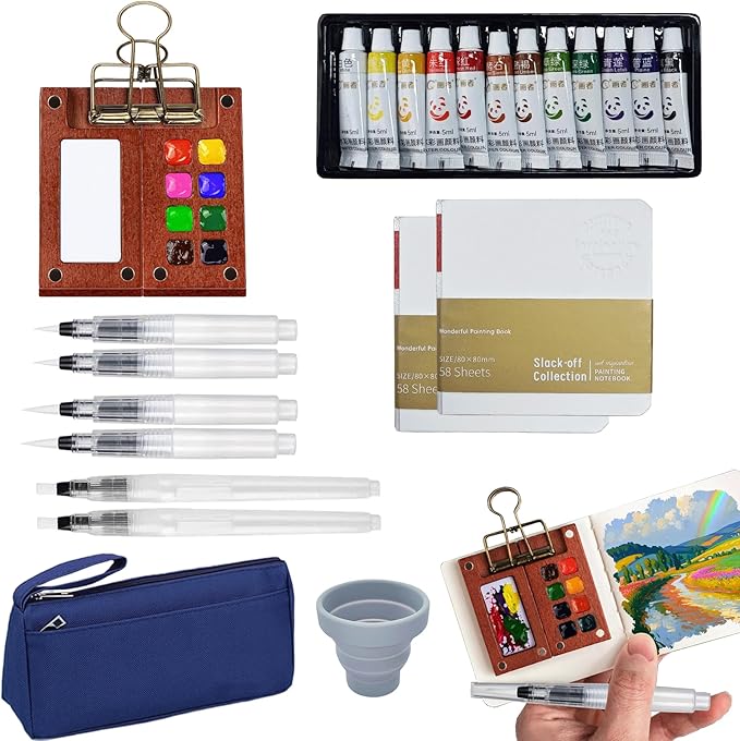Mini Watercolor Paint Set, 12 Colors Travel Water Color Kit with Walnut Wood Palette (8 Wells), 6 Brush Pens, 2 Sketchbooks, Carrying Bag & Water Cup for Outdoor Painting and Urban Sketching