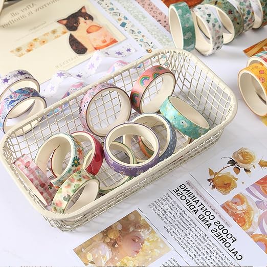 60 Rolls Cute Washi Tape Pack Basic Mini Adhesive Tapes Stars, Plaids, Florals, Grids & Dots Patterns Decorative Masking Tape Sets for Craft, Kids, Scrapbook, DIY, Gift Wrapping (Basic)