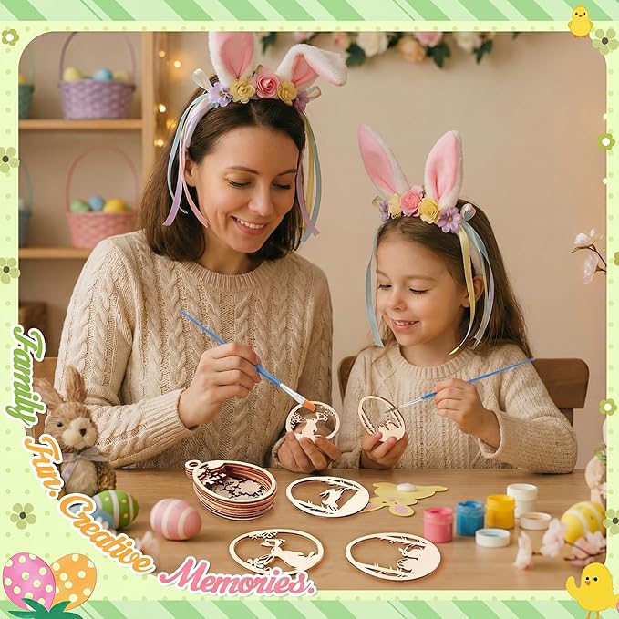 Chunful 36 Pcs Easter Crafts for Adults Kids Wooden 3D Easter Crafts to Paint Ornaments DIY Hanging Unfinished Wood Egg Unpainted Cutouts Slices Rabbit Bunny Butterfly Flower Decor Spring Gifts Tags