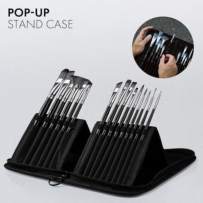 18 Piece Paint Brush Set, ARTIFY 15 Acrylic Paint Brushes, Palette Knife, and 2 Sponges, Professional Artist Paint Brushes for Acrylics, Watercolors, Gouache, Canvas, and Face Painting,Black