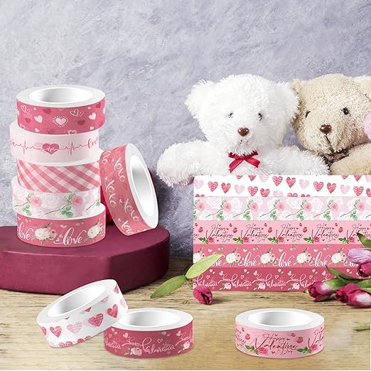 Konsait 12 Rolls Washi Tape Set Valentine Washi Tape Heart Washi Tape Stickers Valentine Decorations Valentines Day Crafts Supplies for Journaling, Scrapbooking, and Wrapping Total 196.9 ft
