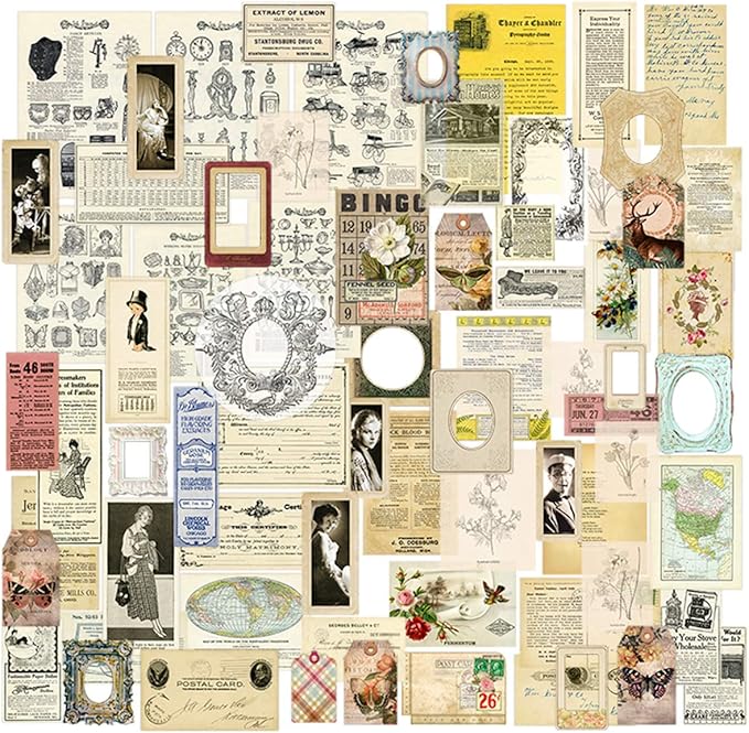 CATaireen Vintage Junk-Journal Mixed Paper Scrapbooking Embellishments Set Retro Journaling Decoupage Stickers Textured Packaging Decorative Cards Tags Kit (Old Photos 2)