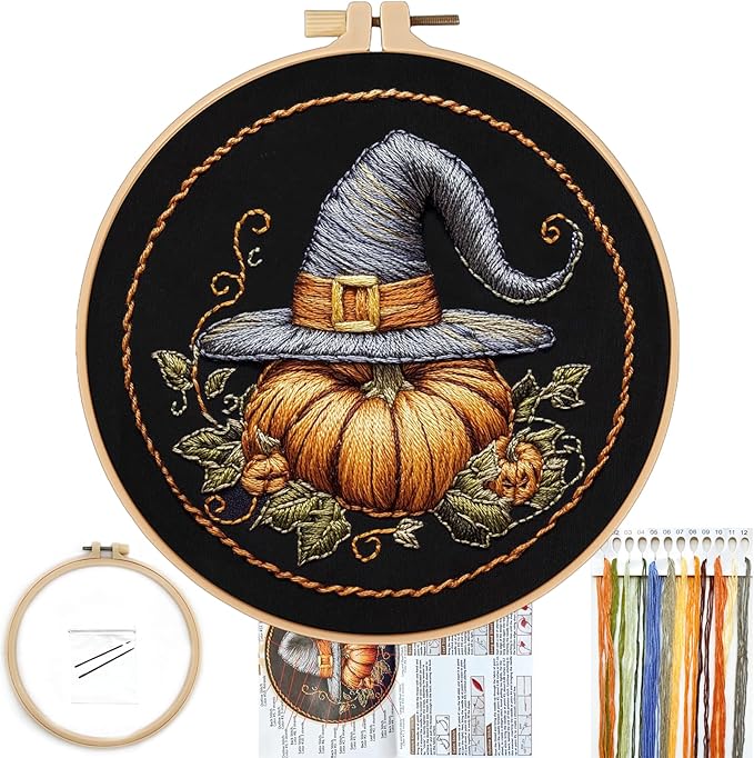 FONNUY Pumpkin Embroidery Kit for Beginners, Pre-Stamped Pattern Kits for Adults with Hoop, Easy to Follow Color Thread Needlework, 8'' Hoop (Witch Hat 1)