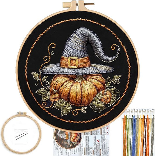 FONNUY Pumpkin Embroidery Kit for Beginners, Pre-Stamped Pattern Kits for Adults with Hoop, Easy to Follow Color Thread Needlework, 8'' Hoop (Witch Hat 1)