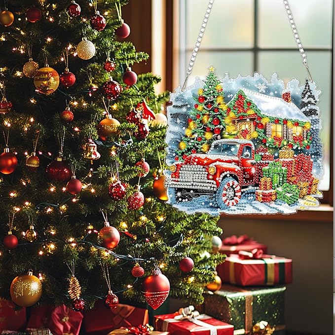 SENQAO Christmas Diamond Art Hanging Kits for Adults Kids, Truck Christmas Gifts Diamond Art Suncatchers, 5D Special Shape Diamond Painting Pendant Window Ornament Gifts for Home Door Wall Decor