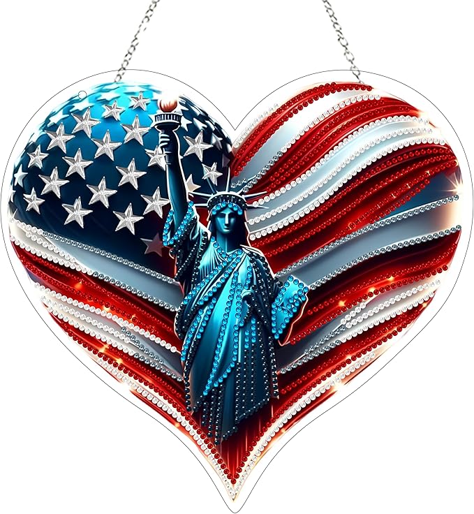 5D Diamond Art Hanging Kit for Adult,Special Shaped Rhinestone,Double Sided DIY Acrylic Diamond Art Painting Window Pendants Home Garden Wall Hanging Kits Hanging Ornament (4Th of July)
