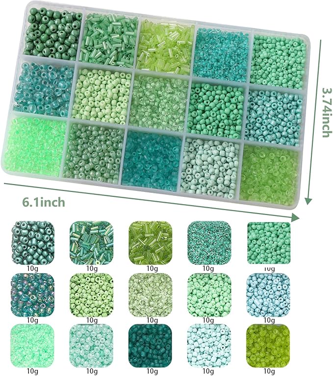 GTAAOY Mix 15 Color Glass Seed Beads, Glass Bugle Beads Tube Beads for Adults, Bracelet Bead Boards, Tweezers,Elastic Sting for Jewelry Making(Mix Size,Green)