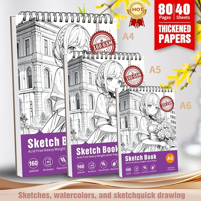 Thickened Mixed Media Sketchbook - Three Different Sizes, Drawing Paper Pad-108lb/160gsm, (Anime X, Gift Set （A4+A5+A6)