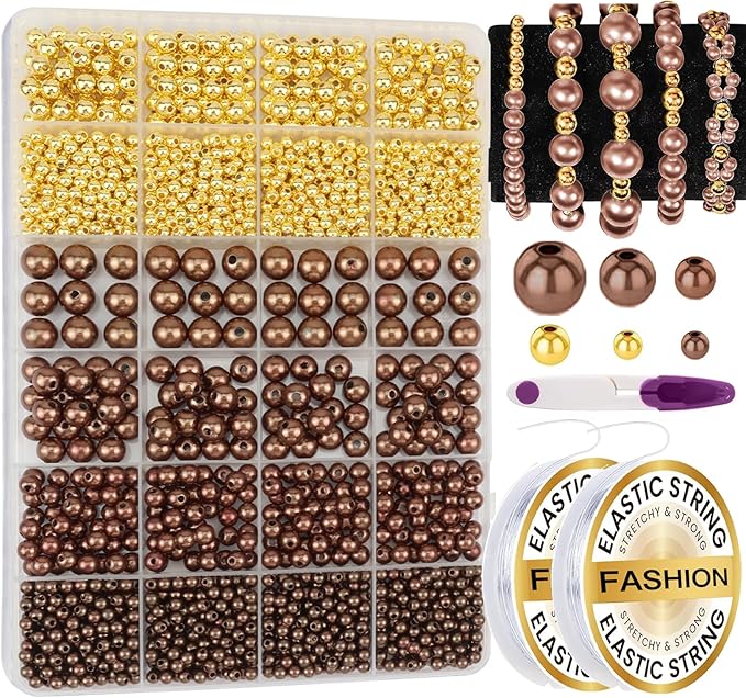 2116 PCS Pearl Beads for Bracelet Making Kit Gold Beads for Jewelry Making Kit Gold Small Spacer Bead Brown Pearl Bead for Crafting Charms Necklace Earrings DIY Craft for Women Adult