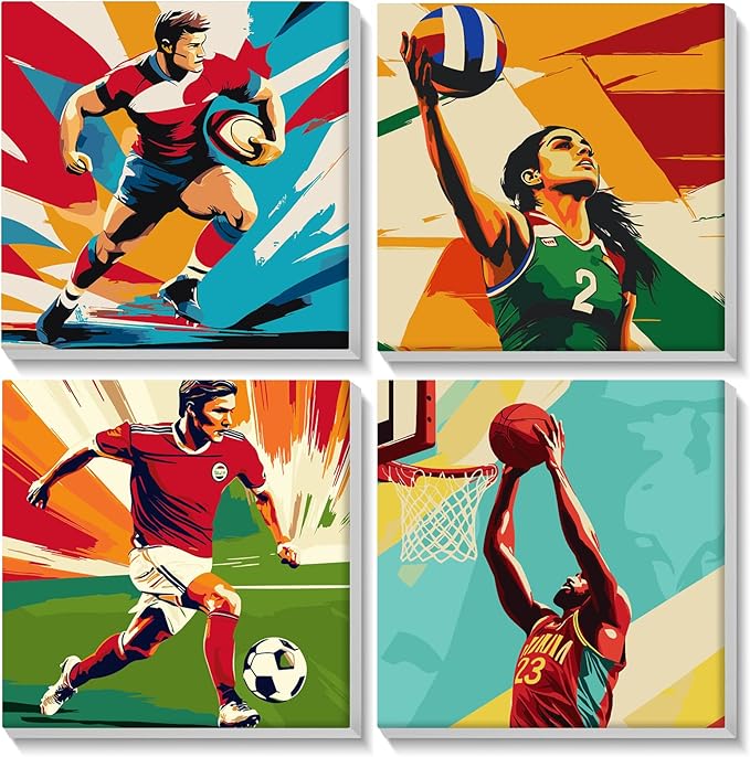Lxmsja 4 Pack International Unified Sports Paint by Numbers Kit for Adults, Easy Framed Paint by Numbers for Adults Beginner, DIY Acrylic Oil Painting Craft Kits for Home Wall Decor 8x8 inch