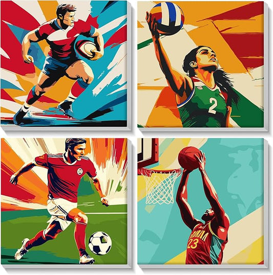 Lxmsja 4 Pack International Unified Sports Paint by Numbers Kit for Adults, Easy Framed Paint by Numbers for Adults Beginner, DIY Acrylic Oil Painting Craft Kits for Home Wall Decor 8x8 inch