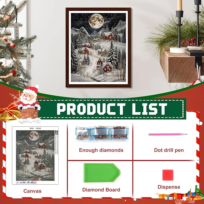 EMIEAUFG Christmas Diamond Art Kits for Adults, Christmas Snow Scenery Diamond Paiting Kit for Beginners, 5D DIY Round Full Drill Craft Diamond Dot Gem Art, Home Wall Decor 12" x 16"