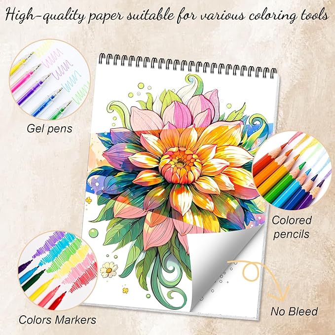 Mandala and Nature Coloring Books for Adult Women Relaxation Spiral Bound Page Printed Single-Sided Gifts Arts and Crafts for Women to Relax, Anxiety and Depression 24 Colorful Coloring Pages