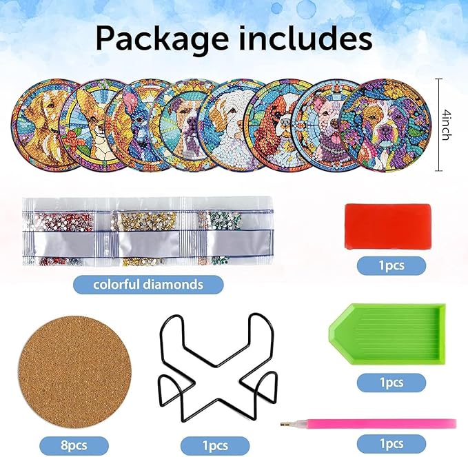 igoodom 8 Pcs Dog Diamond Art Coasters Kit with Holder, DIY Stained Glass Style Dog Diamond Painting Coasters for Beginners Adults, Non Slip Diamond Art Kits Craft Supplies 4x4in
