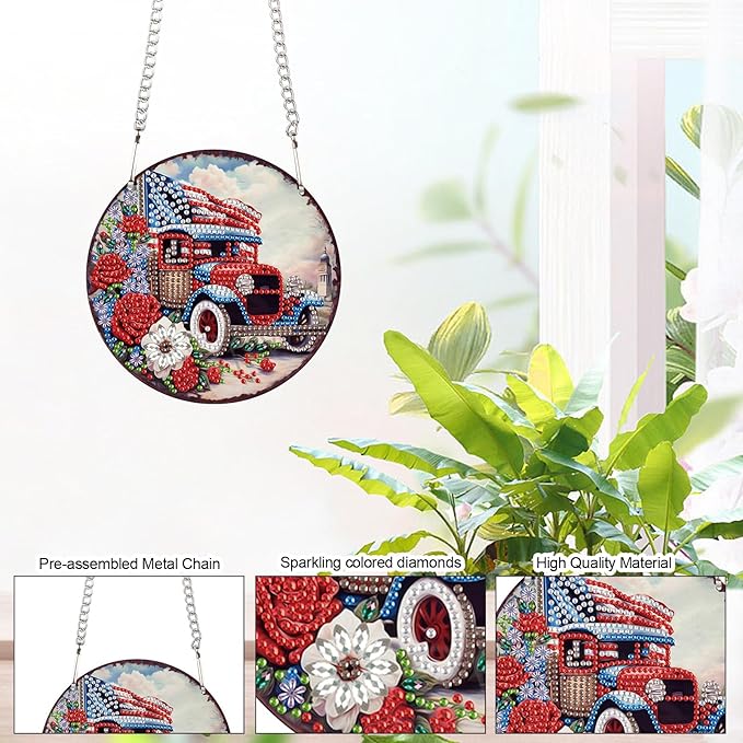 DIY 5D Diamond Painting Ornament Independence Day Car with American Flag, Diamond Art Acrylic Hanging Pendant, 4th of July Patriotic Diamond Painting Kit for Adults Home Door Car Decoration