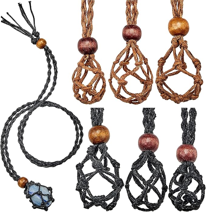 Hicarer 6 Pieces D20 Necklace Cord Empty Stone Holder Empty Necklace Holder Quartz Crystal Stone Cord, 3 Sizes Adjustable Cage Fish Netted for DIY Jewelry Making(Black,Brown)